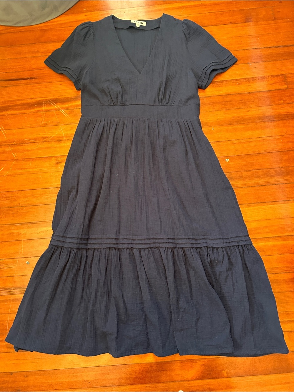 Boden 100% Cotton Double Cloth Midi Dress Navy Blue V-Neck Size 14